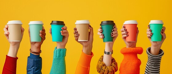 A coffee cup was held aloft by numerous arms.