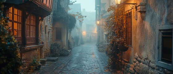 A misty twilight on a mediaeval town's old, deserted European street - obrazy, fototapety, plakaty