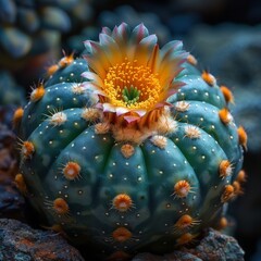 The small and round peyote cactus, which causes hallucinations, grows in the desert in Mexico. - obrazy, fototapety, plakaty