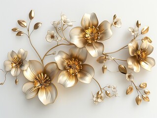 Elegant 3D gold flowers intricately designed, set against a white background, offering a sophisticated and enchanting decor element