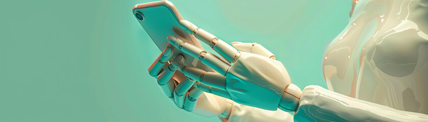 a female robot hand holding a smartphone