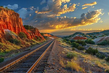 Railway tracks in America. A beautiful American landscape. The concept of railway transport, logistics