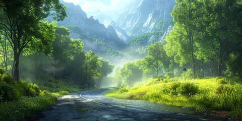 A winding road cuts through a dense forest, leading the viewer deeper into the tranquil wilderness....
