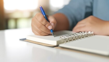 A close-up image of a person's hand writing in a ring-bound notebook with a blue pen