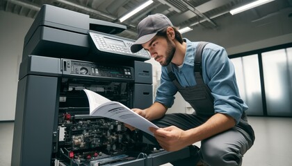 A technician in casual work attire reading a manual while troubleshooting a large, multifunctional office printer - obrazy, fototapety, plakaty