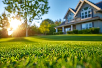 The perfect fresh green lawn next to an American house. The concept of lawn care. 