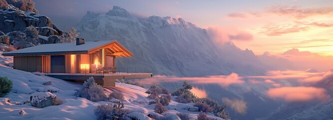 Terrace mountain cabin with the backdrop mountain at dusk.