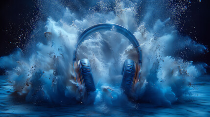 Head phone with smoke splash blue. World Music Day concept. Audio Boom