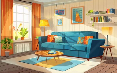 living room interior with furniture cartoon vector illustration