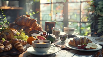 morning breakfast with best view and delicious items on the table