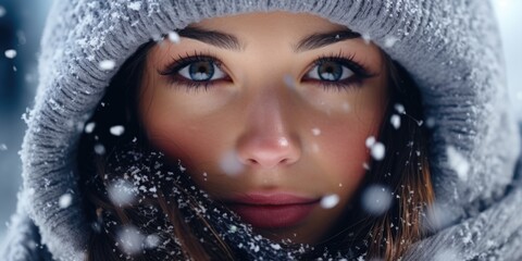Woman with blue eyes and gray hooded coat