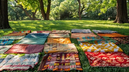 Picnic blankets spread out like patchwork quilts, a colorful mosaic against the green grass.