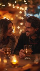 Over the backdrop of a fireplace, a young couple enjoys a romantic dinner and whisky. idea that is romantic.