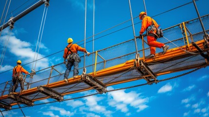Three men in orange safety gear are walking across a bridge