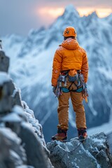 A rock climber stands proudly atop a snow-covered mountain, surrounded by a vast, icy landscape beneath a clear blue sky.