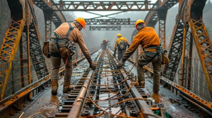 A group of men are working on a bridge