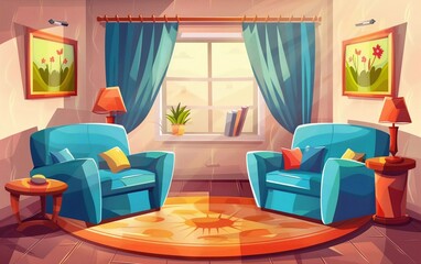 living room interior with furniture cartoon vector illustration