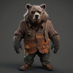 Una extraña imagen de un oso antropomórfico, vestido como leñador - obrazy, fototapety, plakaty