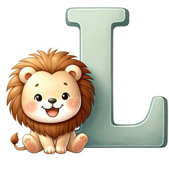 A lion is sitting next to the letter L