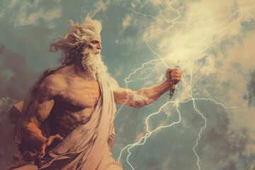 Zeus holding a lighting bold lightning outdoors storm. - obrazy, fototapety, plakaty