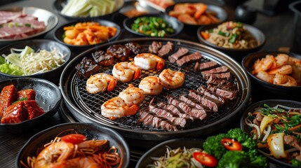 A large assortment of food is displayed on a grill, including shrimp, steak, and vegetables. The presentation is colorful and appetizing, with a variety of textures and flavors