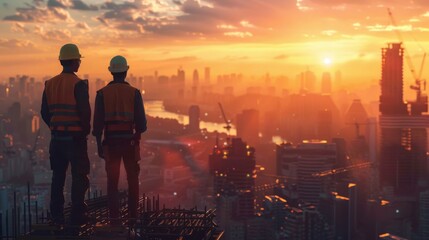 Obraz premium Two men in orange vests stand on a building overlooking a city