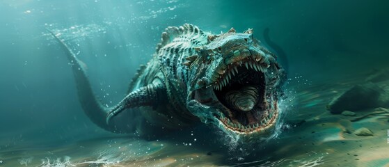 Sea monster open its mouth with teeth, fantasy underwater creature	