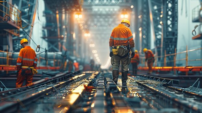A man in an orange safety suit walks on a train track