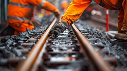 Two men in orange work clothes are working on railroad tracks - obrazy, fototapety, plakaty