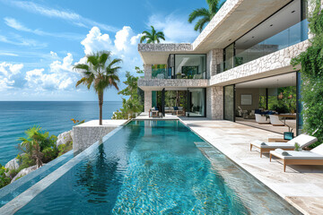 Modern mansion with infinity pool and sea view, in the Caribbean, stone walls, big windows, in beige tones. Created with Ai