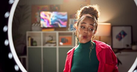 Happy woman, vlog and dancing with ring light for fashion, beauty or makeup in room at home. Portrait of funky or excited female person or influencer enjoying clothing style, skincare or cosmetics