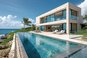 A modern mansion with an infinity pool, overlooking the ocean in St Lutheran Island, Caribbean style, in the style of minimalist architecture, beige and blue colors, stone walls and glass windows.  - obrazy, fototapety, plakaty