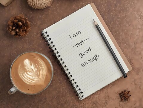 Notebook on desk with text written I AM NOT GOOD ENOUGH , crossed off NOT,  positive affirmmation to beat negative self-talk boost self esteem, self-worth and self-acceptance