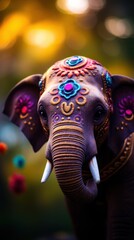 an elephant with colorful designs on its head