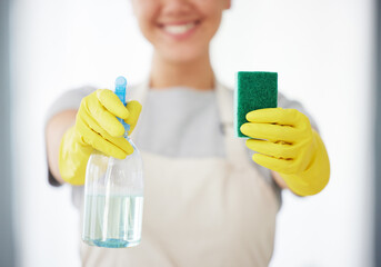 Hands, sponge and spray bottle with gloves for housekeeping, cleaning or domestic service at home....