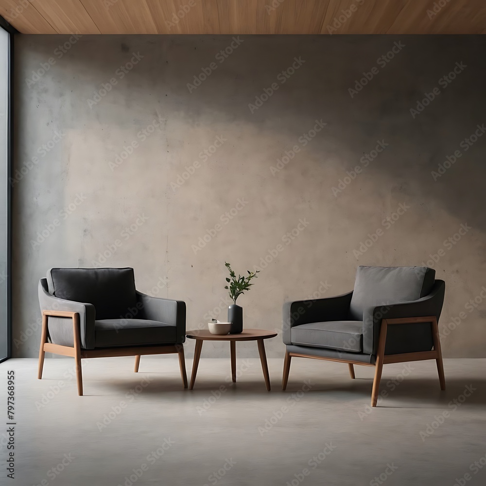 Wall mural Grey green living room. Lounge area chair with an accent gold table and decor. Empty painted wall blank as background. Modern interior design room home or hotel. 3d rendering