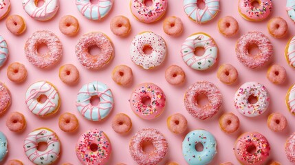 Round donuts with sprinkles, dessert in sweet pink glaze. Sweet dessert. Bright, juicy background.
