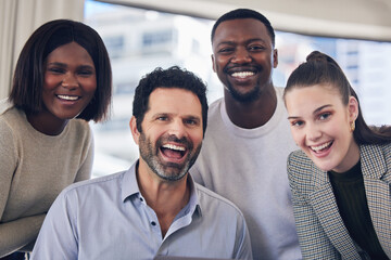 Mature man, group and diversity in portrait as mentor with happy, internship and workplace for experience. Team, leader and smile in office or boardroom as colleagues in collaboration for project