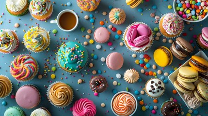 Top view of a bakery counter filled with an array of colorful macarons and cupcakes coffee cups scattered artfully