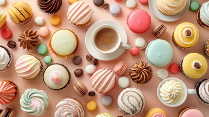 Top view of a bakery counter filled with an array of colorful macarons and cupcakes coffee cups scattered artfully