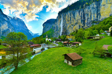 Panoramic view of Lauterbrunnen valley and Staubbach Fall in Swiss Alps, Switzerland