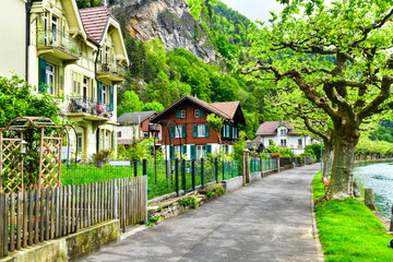 A beautiful buildings located in downtown Interlaken, a famous resort town destination in...
