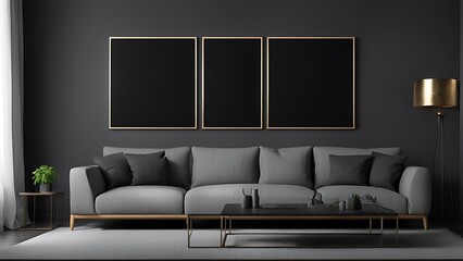  Living room with Frames for art on a black wall. Gallery in dark colors with a gray sofa or couch. Rich exhibition mockup layout triptych. 3d render 