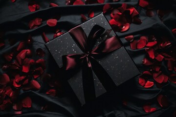 a black gift box with a red bow on a black fabric