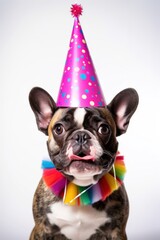 Dog wearing birthday hat.