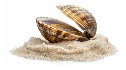 A calm clam partially buried in sandy substrate, its shell slightly ajar revealing a hint of its soft body, isolated on white background