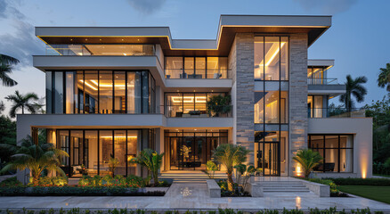  Modern luxury mansion exterior design with stone and glass, big windows, tropical garden, front view. Created with Ai