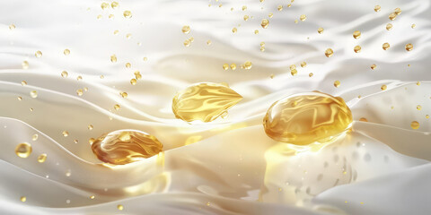 Fototapeta na wymiar Golden yellow abstract oil bubbles or face serum background. Oil and water bubbles .golden yellow Bubbles oil or collagen serum for cosmetic product, banner poster