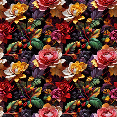 3D flowers, chrysanthemums, peonies, seamless pattern, background.