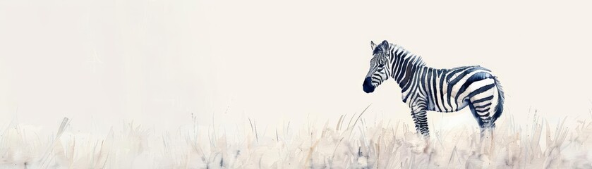 Obraz premium A single zebra stands in a grassy field. The zebra is facing to the left of the viewer. The background is a pale yellow.
